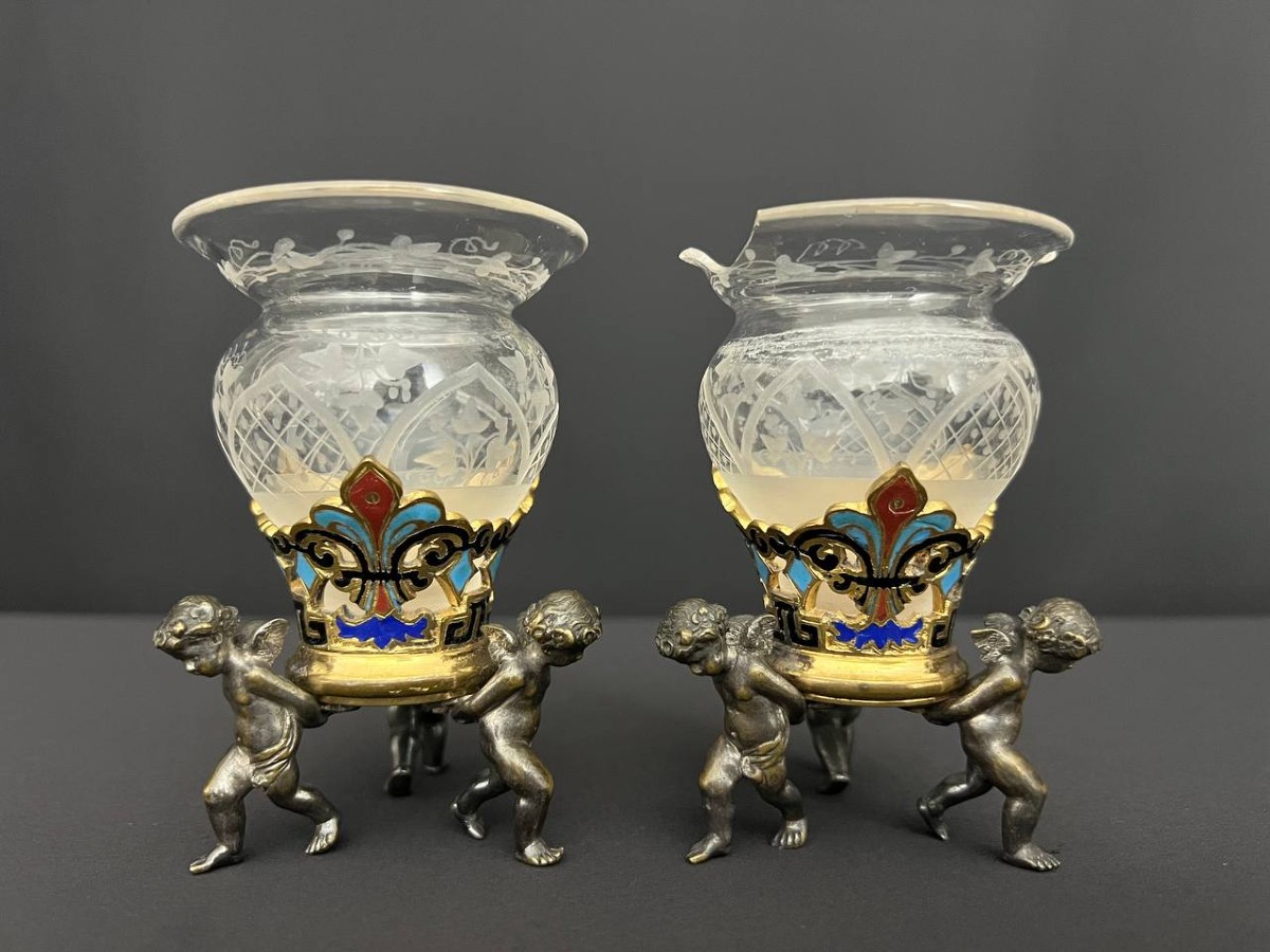 Pair Of Antique Crystal And Silver-plated Bronze Vases – Eclectic Style, Late 19th – Early 20th Century 