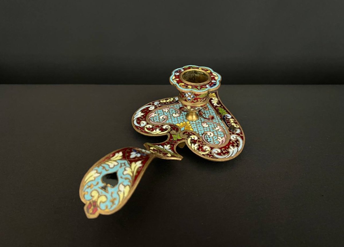 Antique Candlestick In Gilt Bronze And Cloisonné Enamel – Heart Shape, Napoleon III Style, Late 11th Century-photo-2