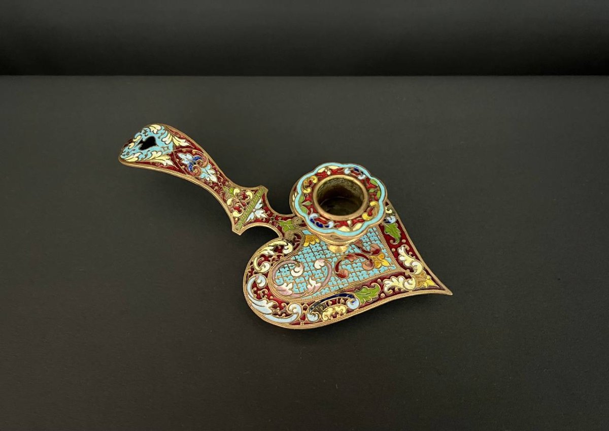 Antique Candlestick In Gilt Bronze And Cloisonné Enamel – Heart Shape, Napoleon III Style, Late 11th Century-photo-4