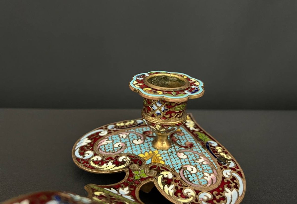 Antique Candlestick In Gilt Bronze And Cloisonné Enamel – Heart Shape, Napoleon III Style, Late 11th Century-photo-3