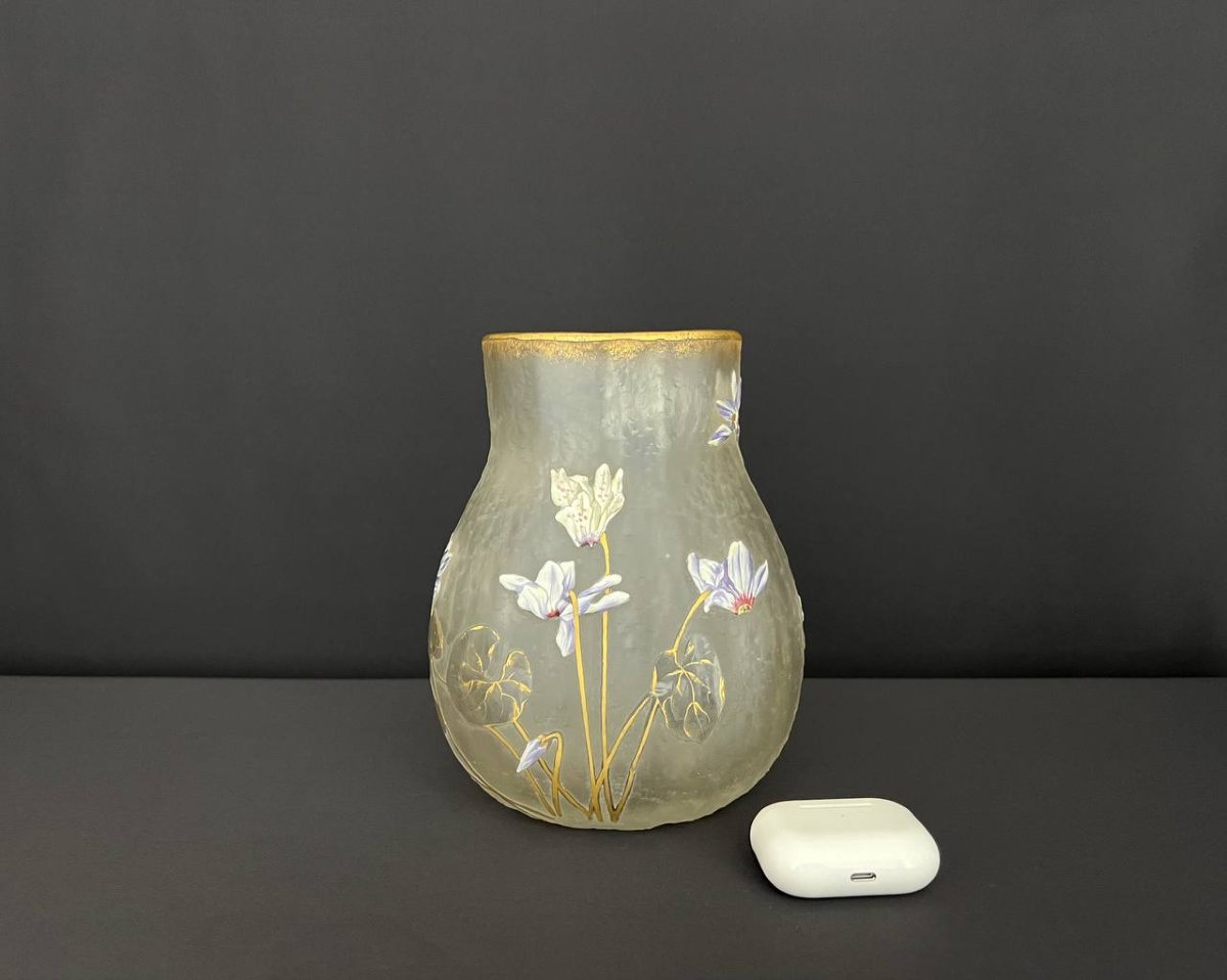 Antique Hand-painted Frosted Glass Vase – Art Nouveau Style-photo-2