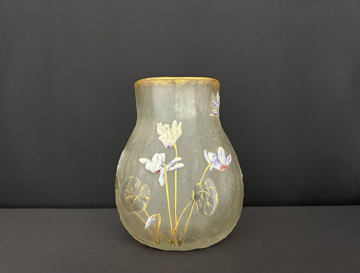 Antique Hand-painted Frosted Glass Vase – Art Nouveau Style-photo-3