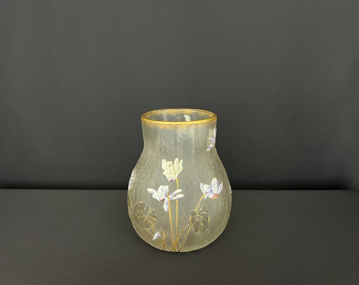 Antique Hand-painted Frosted Glass Vase – Art Nouveau Style-photo-4