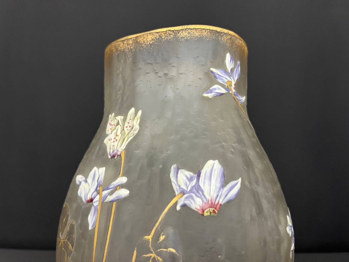 Antique Hand-painted Frosted Glass Vase – Art Nouveau Style-photo-2