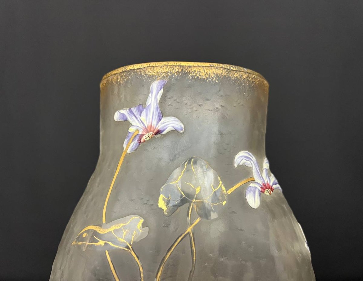 Antique Hand-painted Frosted Glass Vase – Art Nouveau Style-photo-3