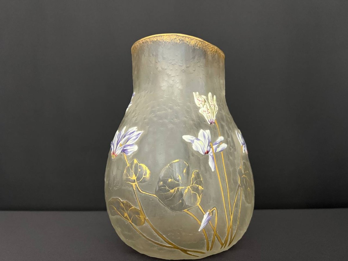 Antique Hand-painted Frosted Glass Vase – Art Nouveau Style-photo-4