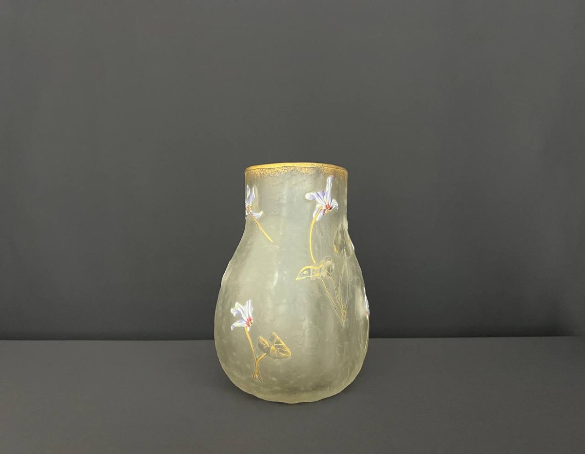 Antique Hand-painted Frosted Glass Vase – Art Nouveau Style-photo-5