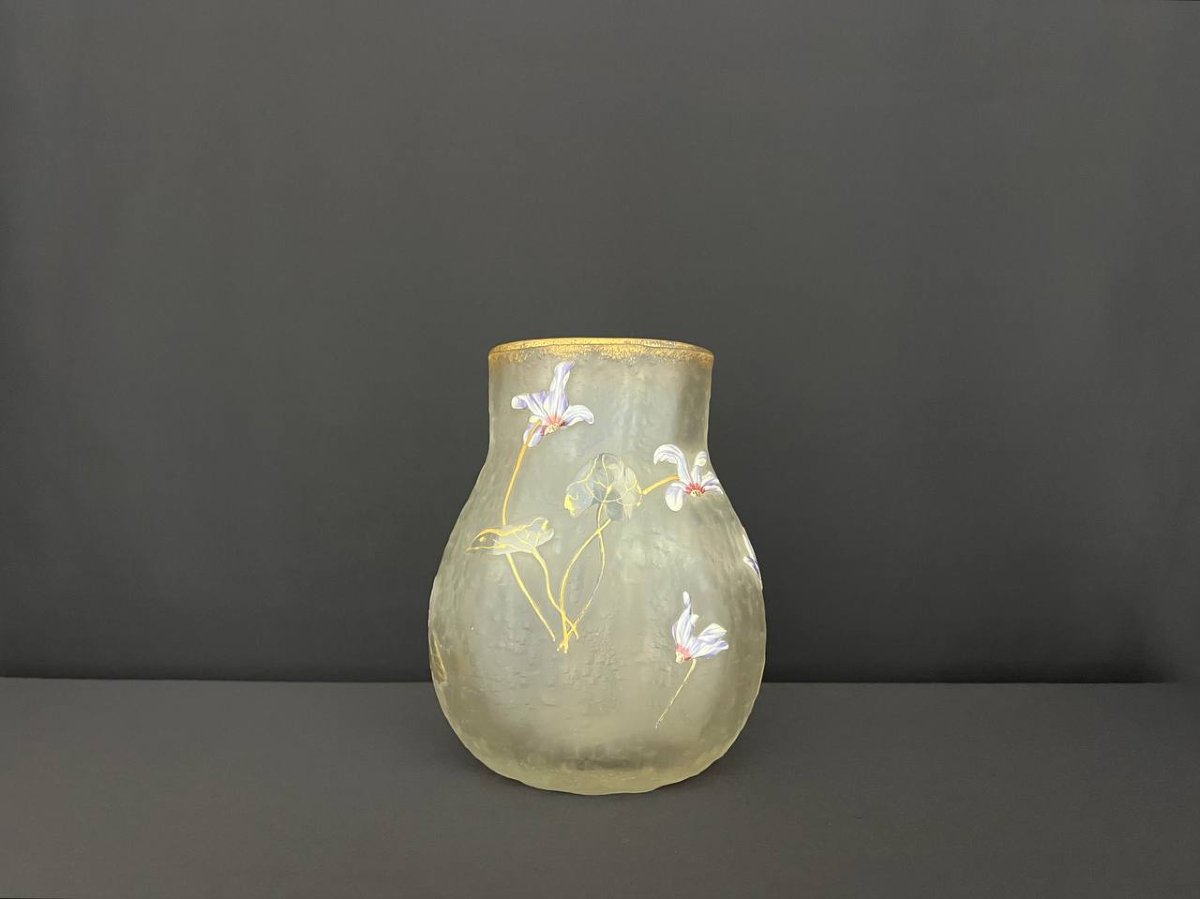 Antique Hand-painted Frosted Glass Vase – Art Nouveau Style-photo-6