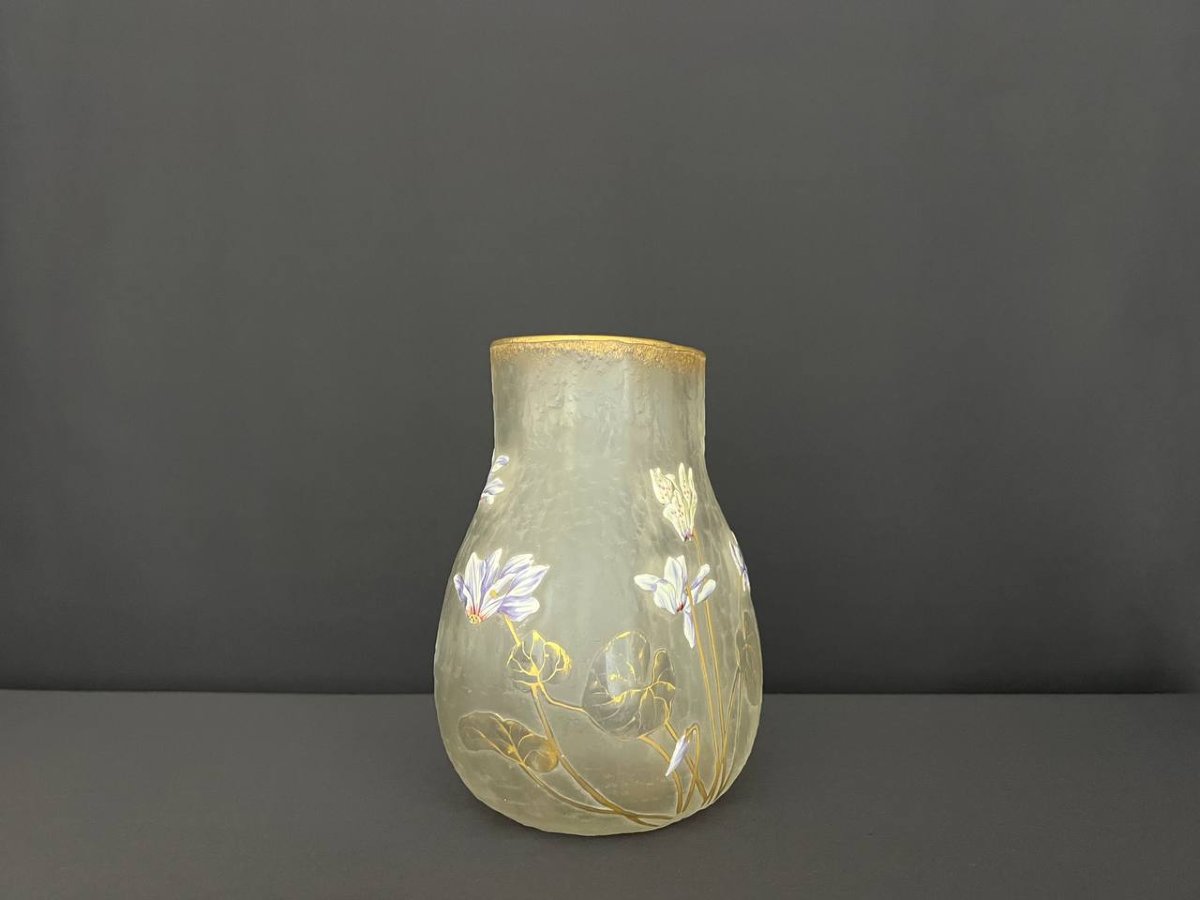 Antique Hand-painted Frosted Glass Vase – Art Nouveau Style-photo-7