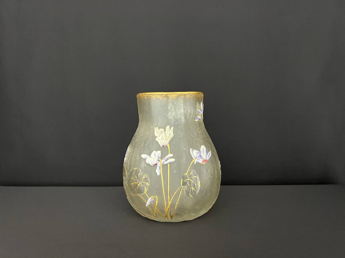 Vase Ancien En Verre Givré Peint à La Main – Style Art Nouveau