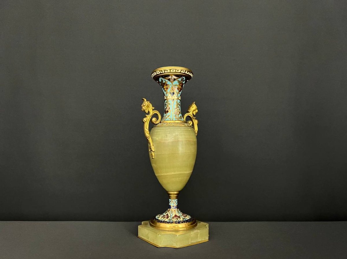 Vase Ancien En Onyx Et Bronze Doré Avec émaux Cloisonnés – Style Napoléon III-photo-2