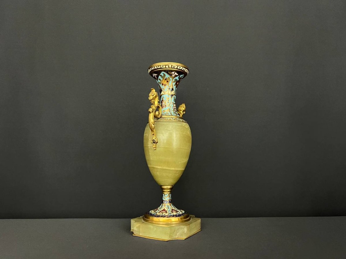 Vase Ancien En Onyx Et Bronze Doré Avec émaux Cloisonnés – Style Napoléon III-photo-3