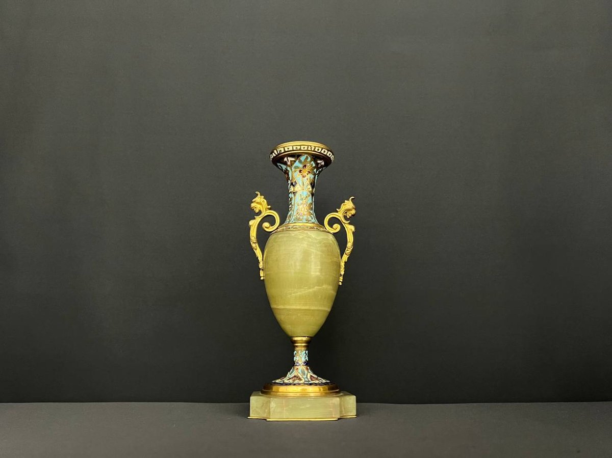 Vase Ancien En Onyx Et Bronze Doré Avec émaux Cloisonnés – Style Napoléon III-photo-4