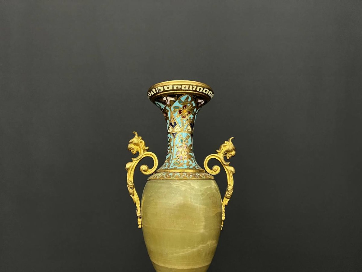 Vase Ancien En Onyx Et Bronze Doré Avec émaux Cloisonnés – Style Napoléon III-photo-4