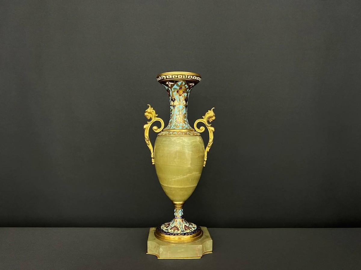 Vase Ancien En Onyx Et Bronze Doré Avec émaux Cloisonnés – Style Napoléon III