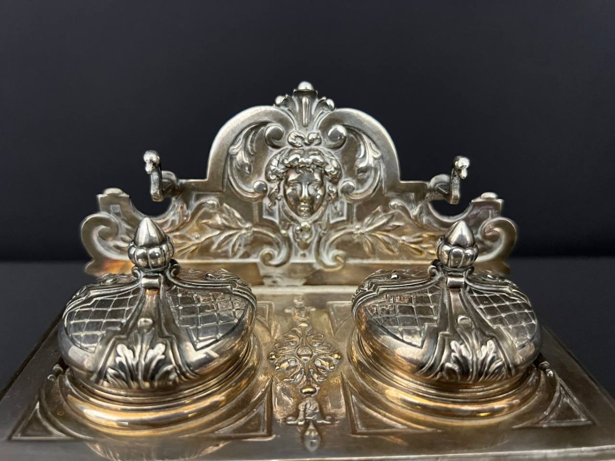 Antique Silver-plated Bronze Inkwell – Napoleon III Style-photo-2