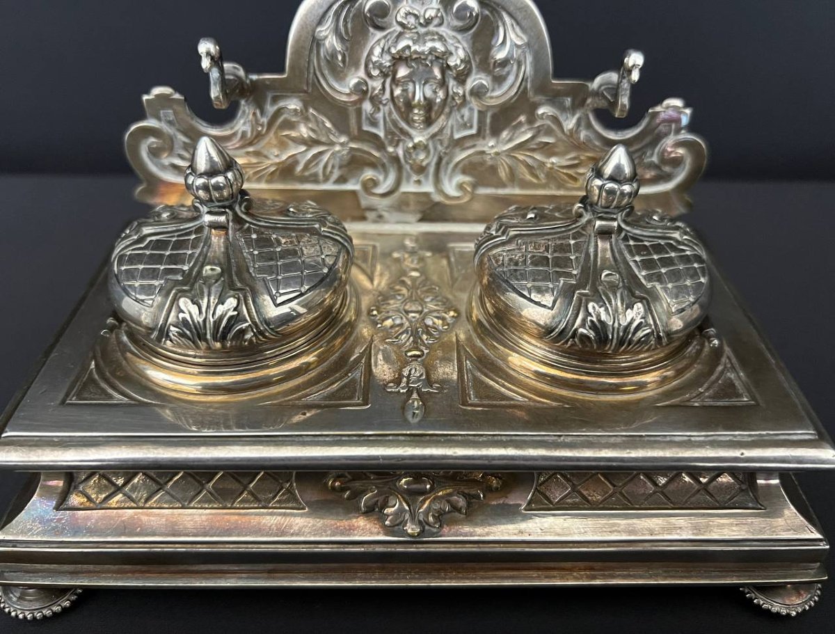 Antique Silver-plated Bronze Inkwell – Napoleon III Style-photo-4