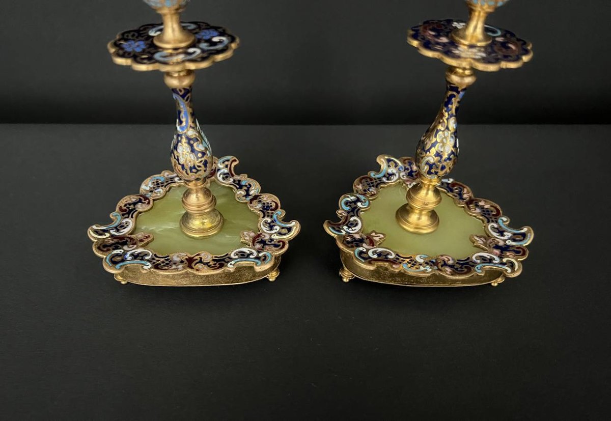 Pair Of Candlesticks In Gilt Bronze, Cloisonné Enamel And Onyx-photo-2