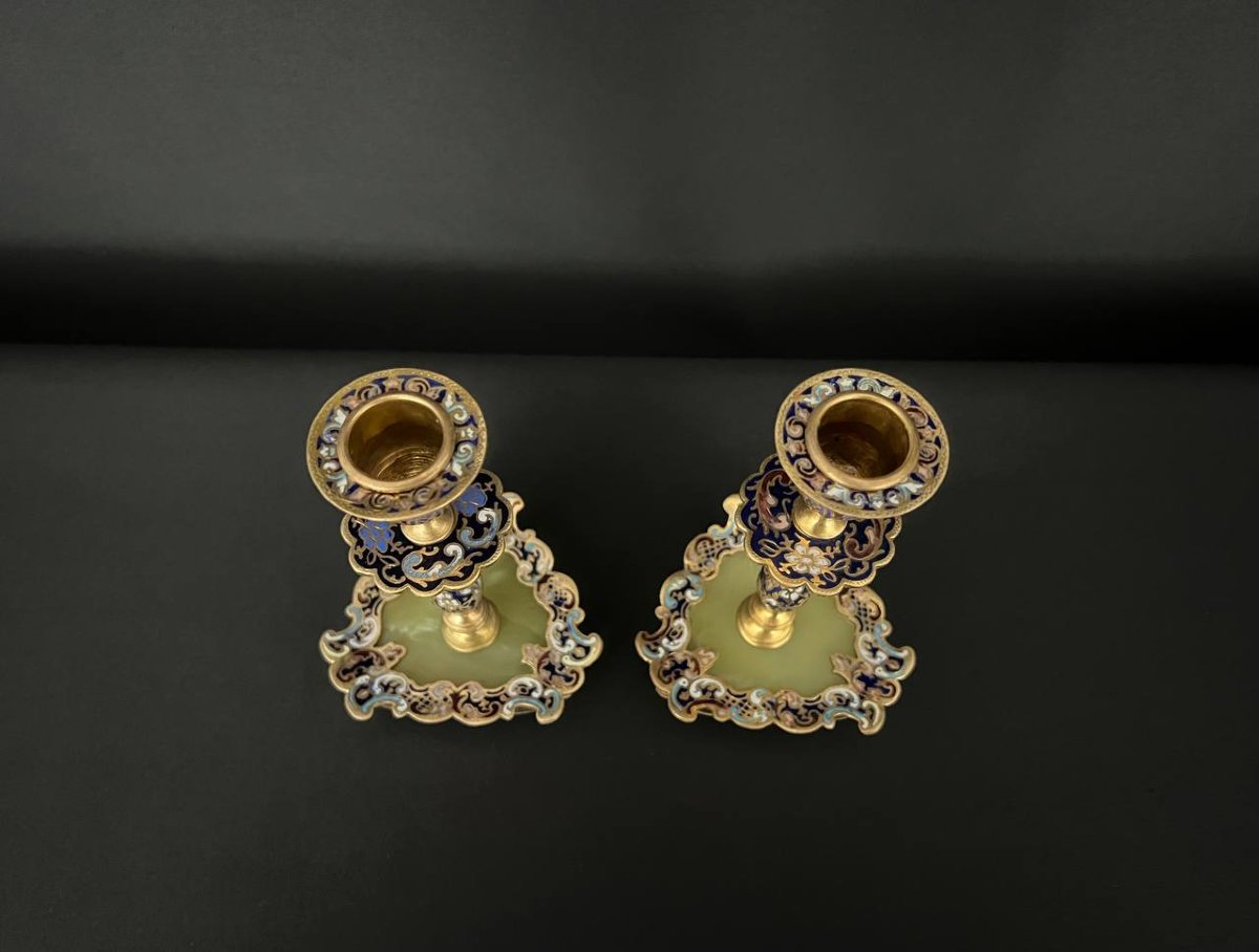 Pair Of Candlesticks In Gilt Bronze, Cloisonné Enamel And Onyx-photo-3