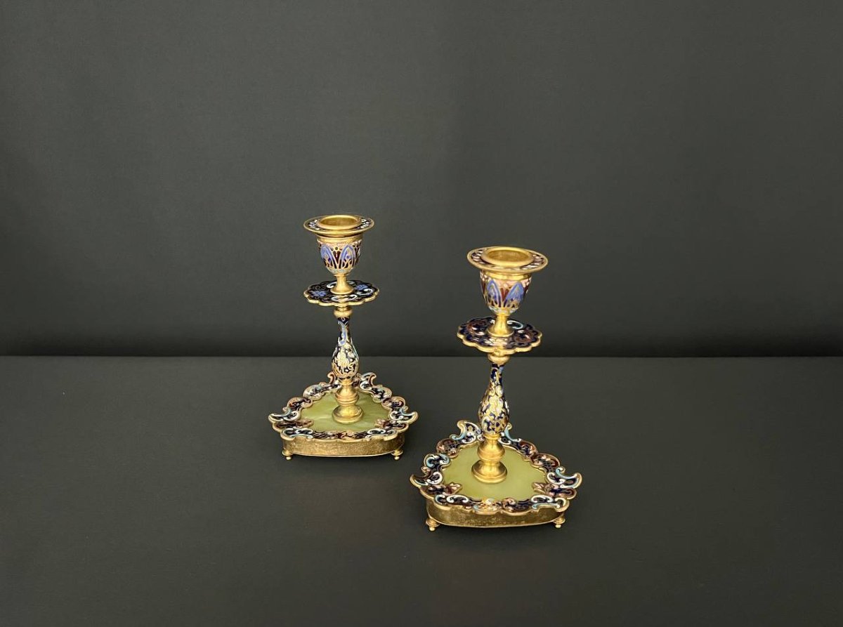 Pair Of Candlesticks In Gilt Bronze, Cloisonné Enamel And Onyx-photo-4