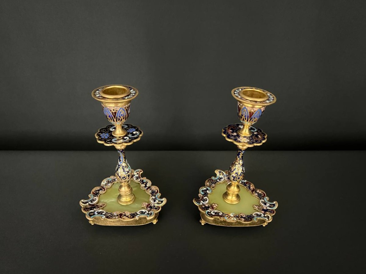 Pair Of Candlesticks In Gilt Bronze, Cloisonné Enamel And Onyx-photo-1