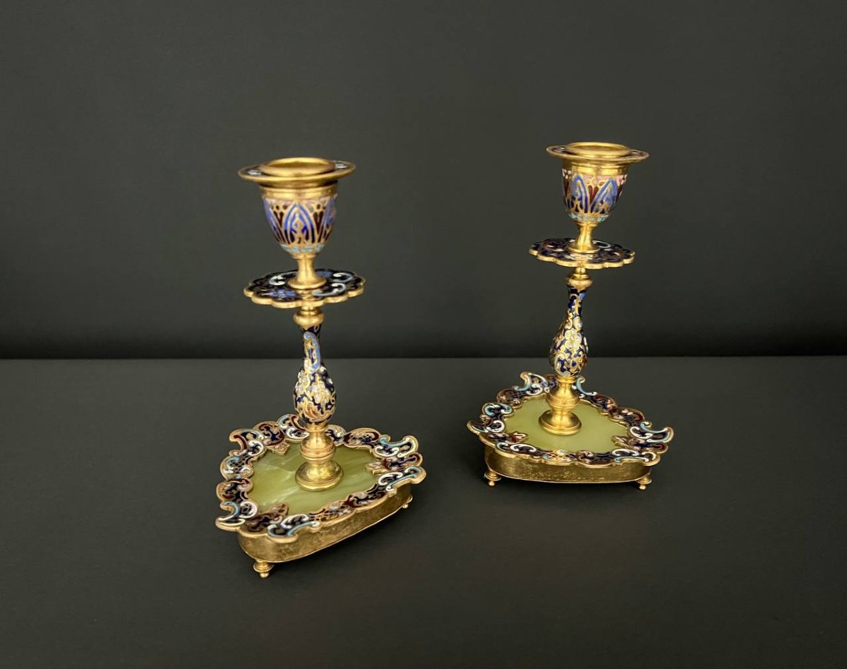 Pair Of Candlesticks In Gilt Bronze, Cloisonné Enamel And Onyx-photo-3