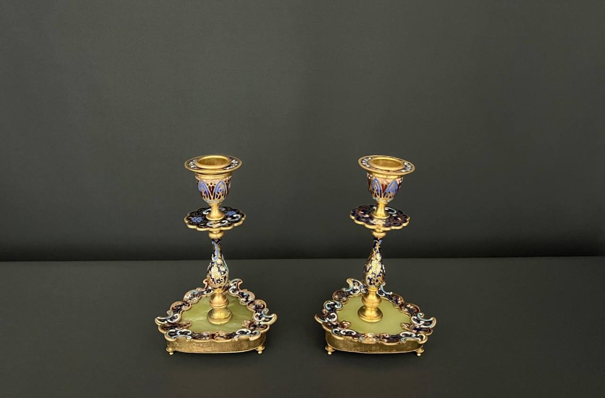 Pair Of Candlesticks In Gilt Bronze, Cloisonné Enamel And Onyx