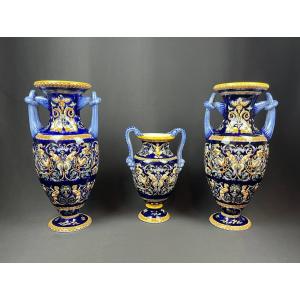 Gien, Collection Of Three Baluster-shaped Vases, Renaissance Model