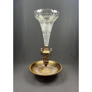 Centre De Table En Bronze, Cristal Taillé Orné De Fraisiers, Libellule Et Papillon, 19ème Siècl