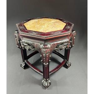 Asian Stool Carved With Demons And Berries, Circa 1890