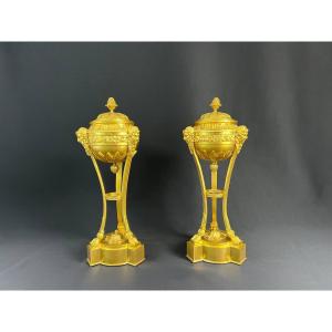 Pair Of Tripod Cassolettes In Gilded And Chiseled Bronze With Faun Decor