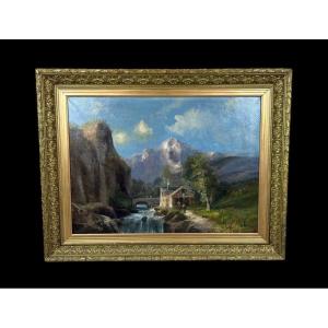 Oil On Canvas Signed Godchaux "animated Landscape At The Waterfall"