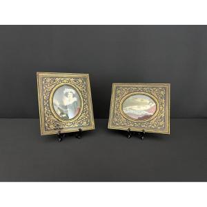 Paire De Miniatures Et Cadre Marqueterie Boulle Epoque Napoleon III