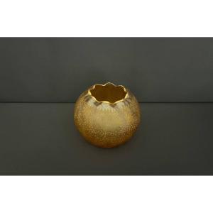 Vase Boule En Verre Gravé à l'Acide Décor Jaune Doré