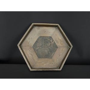 China. Octagonal Bronze Tray With Silver Inlaid Decoration.