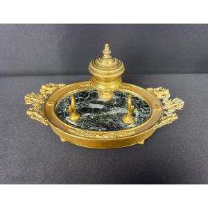 Inkwell In Green Marble And Gilded Bronze, Empire Style, 19th Century.