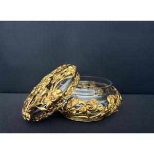 Baccarat (attributed To) Round Crystal Candy Dish With Gilded Brass Frame