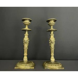 Pair Of Neoclassical Style Bronze Candlesticks, Late 19th Century