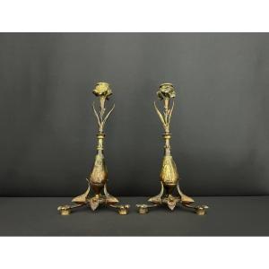 Auguste Cain (1821 – 1894) Pair Of Patinated Bronze Candlesticks