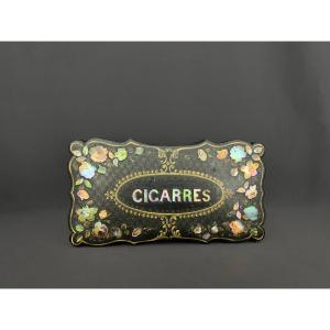 Antique Cigar Box In Black Lacquer And Mother-of-pearl - 19th Century