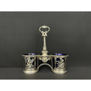 Salière Double En Argent Massif Et Verre Bleu Cobalt, Style Empire.