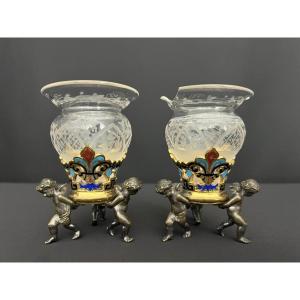 Paire De Vases Anciens En Cristal Et Bronze Argenté – Style éclectique, Fin XIXe – Début XXe 