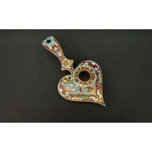 Antique Candlestick In Gilt Bronze And Cloisonné Enamel – Heart Shape, Napoleon III Style, Late 11th Century