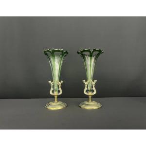 Paire De Vases En Verre Vert Et Bronze – Style Napoléon III 