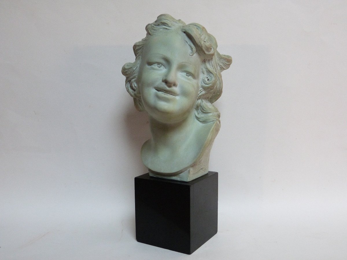 Art Deco Terracotta Bust With Green Patina After François Rude Smiling Child-photo-2