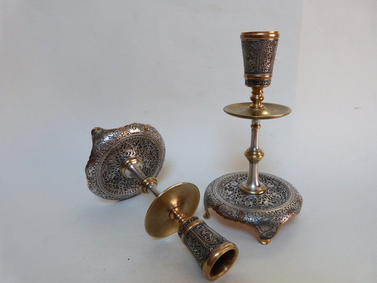 Pair Of Candlesticks Gilt Bronze Damascus Silver Orientalist Style Armand Point Iran Qajar -photo-4