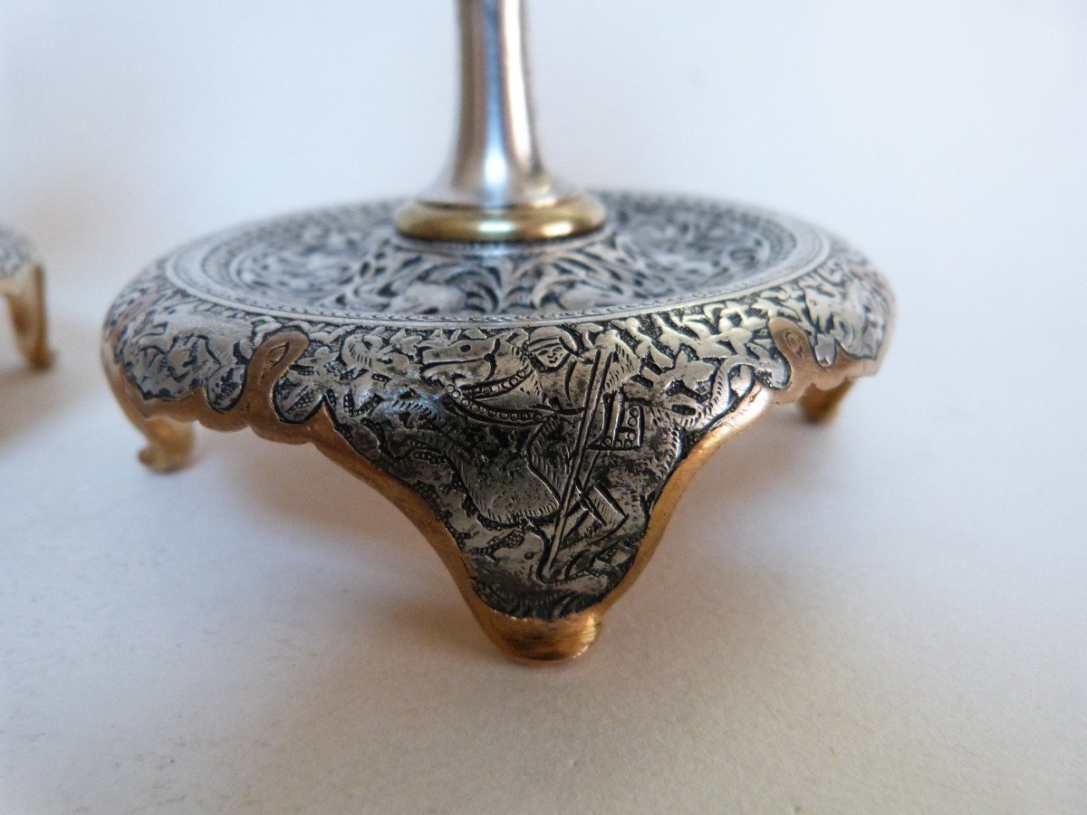 Pair Of Candlesticks Gilt Bronze Damascus Silver Orientalist Style Armand Point Iran Qajar -photo-2