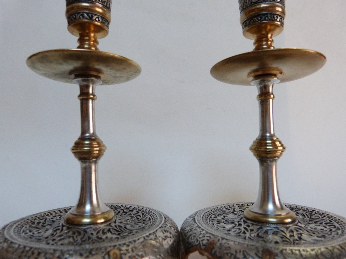 Pair Of Candlesticks Gilt Bronze Damascus Silver Orientalist Style Armand Point Iran Qajar -photo-6