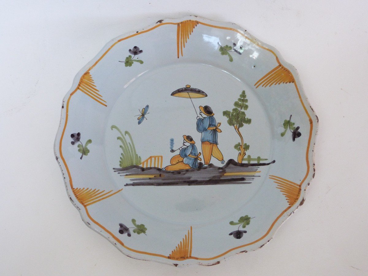 Nevers Earthenware Plate Signed 18th Century Chinese Decor