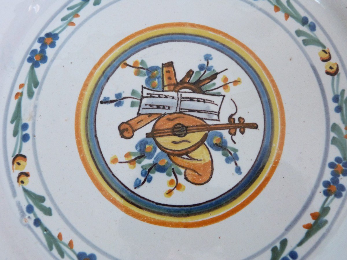 Earthenware Plate From Nevers 18th Century Decor With Musical Attributes -photo-2